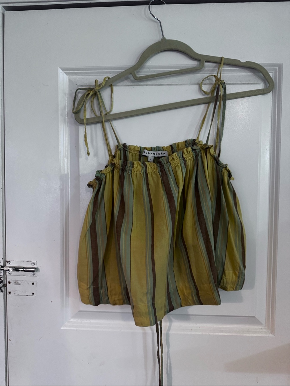 SELVA NEGRA Striped Tie-Shoulder Crop Top in Olive & Yellow